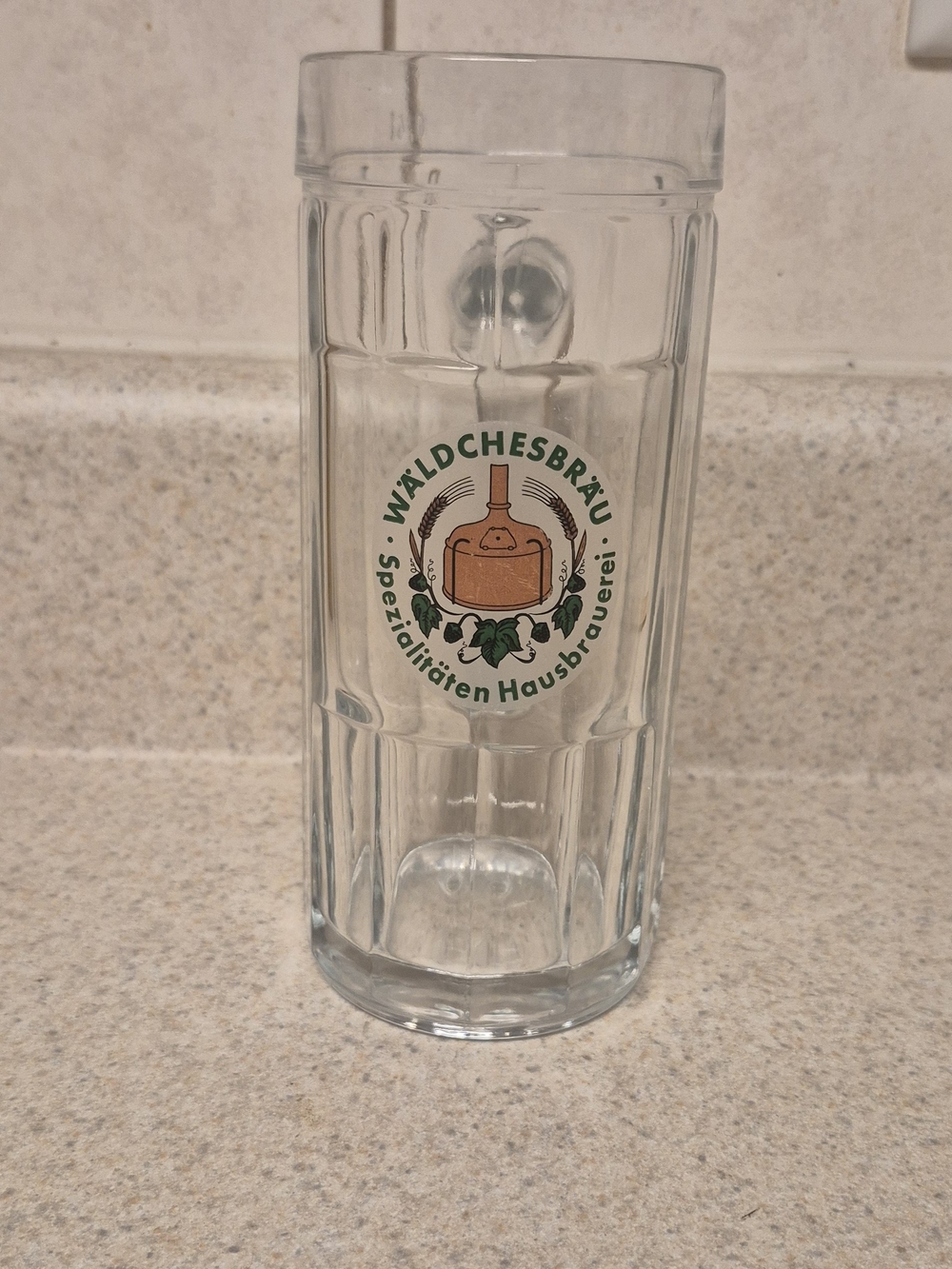 Source Unknown Clear Glass Beer Stein with Green and Brown Logo